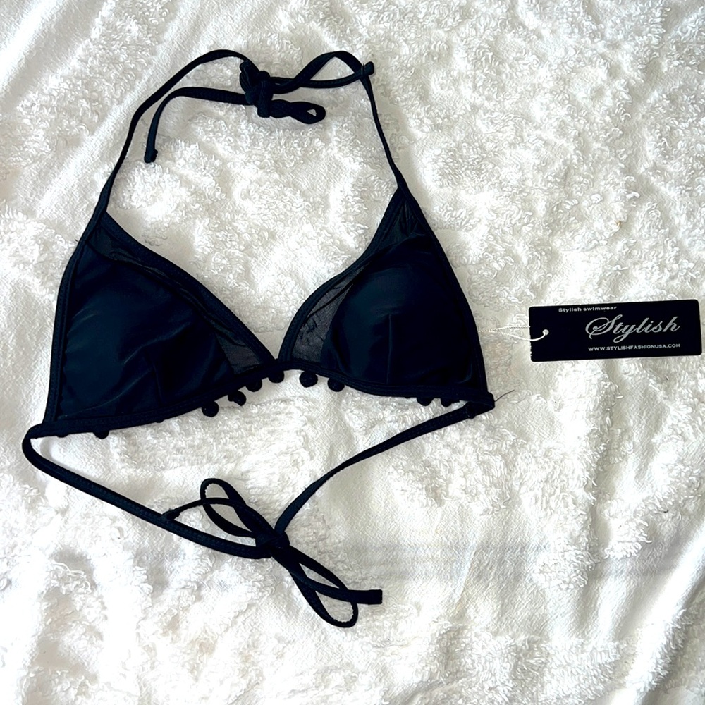 🖤 NWT! Black mesh & pompom bikini top